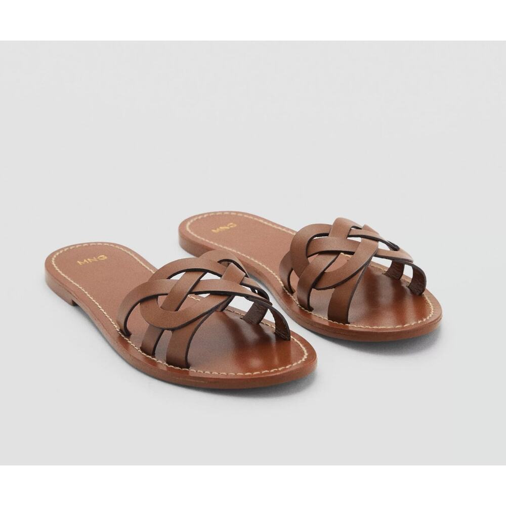 MNG Mango Brown Leather Intertwined Strap Sandals Casual Everyday EU 39 US 8.5